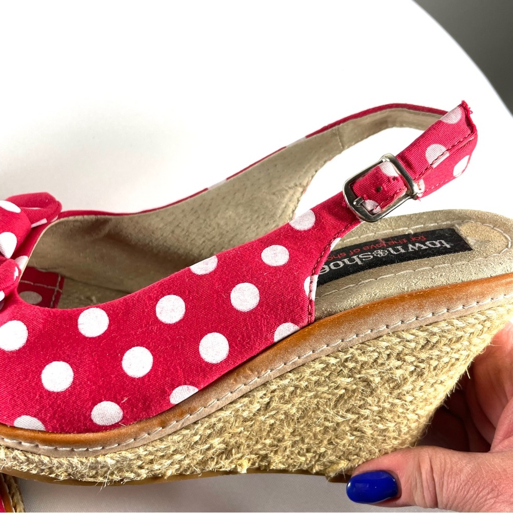 Townshoes Red and White Polka-Dot Bow Espadrille Sling-Back Wedge Sandals Sz7 - Picture 5 of 14